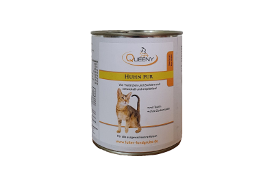 Dose Katzenfutter der Marke Queeny mit gelbem Etikett, Aufschrift ‚Huhn pur‘ sowie weiteren Angaben zur Zusammensetzung und Eignung.