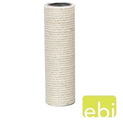 Zylindrischer Katzenkratzbaum mit beiger, seilartiger Umwicklung. Oben und unten dunkle Öffnungen, Oberfläche grob strukturiert und naturfarben.