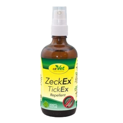 Braune Sprühflasche mit weißem Sprühkopf. Etikett „cdVet ZeckEx TickEx Repellent“ mit grünem Logo „100 % NATURE“ und Symbol für Zeckenschutz.