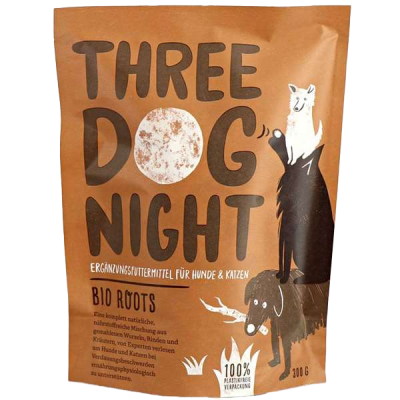 Braune Verpackung mit schwarzer und weißer Schrift, Illustration von drei übereinander stehenden Hunden, naturbelassene Optik mit klaren Linien und mattem Finish.