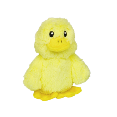 Gelbes, flauschiges Enten-Kuscheltier mit rundem Körper, orangegelbem Schnabel und Füßen sowie schwarzen Augen vor hellem Hintergrund.