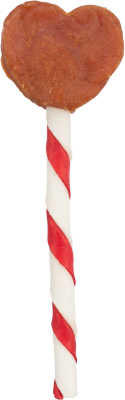 Ein Hundesnack in Lolli-Form mit herzförmigem, braunem Fleischanteil oben und einem länglichen Stiel aus rot-weiß gedrehtem Kaumaterial, fest und trocken wirkend