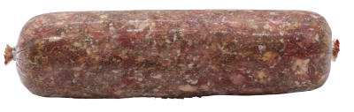 Eine Frostfleischrolle ohne Etikett in durchsichtigem Kunstdarm. Die Füllung ist gewolft, zeigt eine grobe, unregelmäßige Struktur mit rötlich-brauner Farbe und hellen sowie dunklen Fleischanteilen.