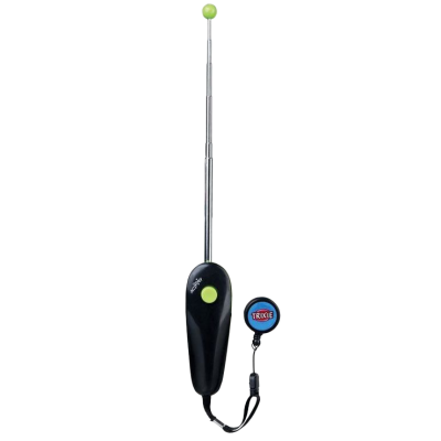 Ausziehbarer Metallstab mit grünem Ball an der Spitze, schwarzem Griff mit grünem Knopf und Clip an einer Kordel.