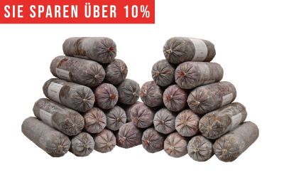 Zwei pyramidenförmig gestapelte Haufen aus gefrorenen Fleischrollen in grauem Kunstdarm. Die Füllung wirkt rötlich bis braun. Oben roter Hinweis „Sie sparen über 10 %“.