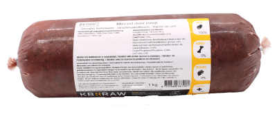 Eine Frostfleischrolle mit gleichmäßig hellbraun-rotem, fein gewolftem Inhalt und glatter, leicht glänzender Oberfläche. Die Rolle ist zylindrisch geformt und in nicht essbarem Kunstdarm verpackt.