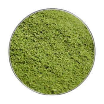Moringa Oleifera Pulver 100 g Ein kreisförmig ausgeschnittener Blick auf ein sattgrünes Pulver mit feinkörniger, leicht unregelmäßiger Struktur. Der Hintergrund ist vollständig ausgeblendet.