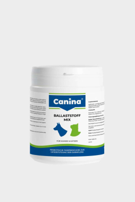 Weiße Kunststoffdose mit Etikett und blauen sowie grünen Grafiken von Hund und Katze; zylindrische Form, glatte Oberfläche.