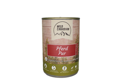 Eine Futterdose mit beigem Etikett und rotem Schriftfeld mit der Aufschrift „Pferd Pur“. Die Dose zeigt Piktogramme zu Inhaltsstoffen und ist für ernährungssensible Hunde geeignet.