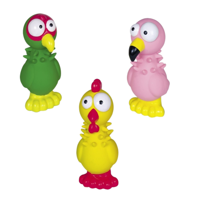 Drei farbige Vinyl-Vogelspielzeuge in Grün, Rosa und Gelb mit großen runden Augen, gelben Füßen und auffälligen Schnäbeln in Rot, Schwarz und Gelb.