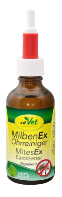 Braune Sprühflasche mit weißem Deckel. Etikett „cdVet MilbenEx MitesEx Repellent“ mit durchgestrichenem Milbensymbol. Farben: Grün, Rot, Weiß.
