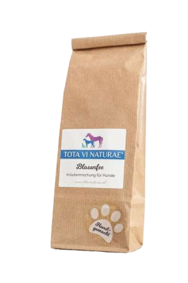 Braune Papiertüte mit Etikett, darauf Illustration eines lilafarbenen Pferdes, eines blauen Hundes und einer blauen Katze, unten weiße Pfote mit Schriftzug.