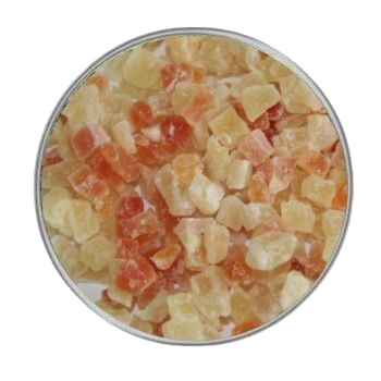 Ein Mix aus kleinen, gewürfelten Trockenfrüchten in Orange, Gelb, Beige und Rosé. Die Fruchtstücke sind leicht transparent und unregelmäßig geschnitten.