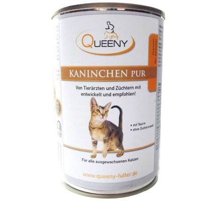 Dose Katzenfutter der Marke Queeny mit gelbem Etikett, Aufschrift ‚Kaninchen pur‘ sowie weiteren Angaben zur Zusammensetzung und Eignung.