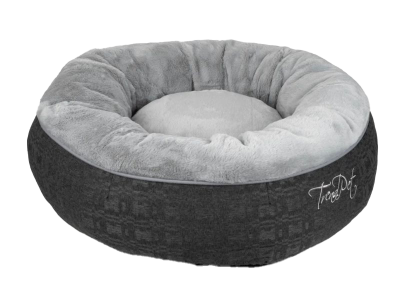 Ein rundes Haustierbett mit extra weichem, grauem Plüschrand. Die Außenwand ist dunkelgrau mit feiner Struktur und gesticktem „TrendPet“-Logo auf der Seite