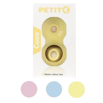 Verpackung mit gelbem Wasserspielzeug für Hunde in zwei runden Segmenten, auf farbigem Hintergrund mit Markenaufdruck.