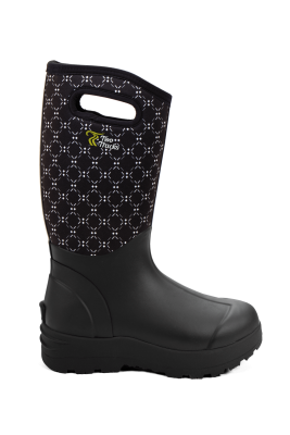 Schwarzer Gummistiefel mit robuster Sohle. Der obere Teil besteht aus flexiblem Stoff mit weißem Rautenmuster, integrierter Grifföffnung und „Two Tracks“-Logo.