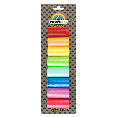 Verpackung mit 8 farbigen Hundekotbeutel-Rollen in Regenbogenfarben, vertikal angeordnet; Hintergrund mit Pfotenmuster.
