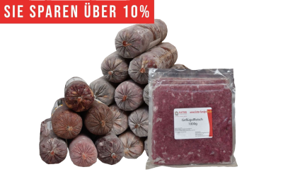 Ein pyramidenförmiger Stapel gefrorener Fleischrollen in grauem Kunstdarm. Davor ein flacher Beutel mit rosa gewolftem Geflügelfleisch. Oben roter Hinweis „Sie sparen über 10 %“.