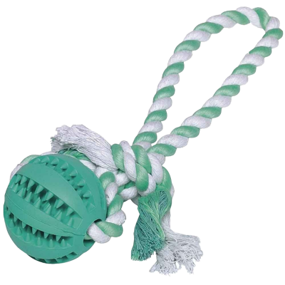Grünes Gummiballspielzeug mit Rillen und zahnartigen Strukturen, befestigt an weiß-grün gedrehter, beidseitig geknoteter Kordel mit ausgefransten Enden.