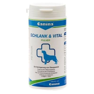 Weiße Dose mit blau-grüner Aufschrift „Canina SCHLANK & VITAL PULVER – Für Hunde“. Text zu Sättigung, Gewichtsreduktion und Magen-Darm-Verträglichkeit.