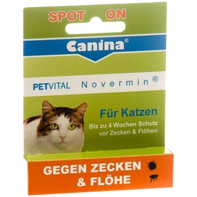 Verpackung mit Aufschrift „Canina PETVITAL Novermin – Für Katzen“. Text: „Spot-on gegen Zecken & Flöhe – bis zu 4 Wochen Schutz“.