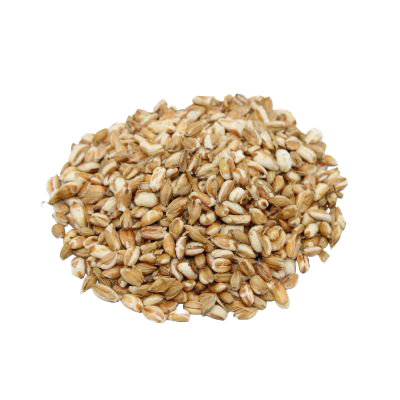 Locker aufgehäufte, hellbraun-weiße Gerstenflocken mit unregelmäßiger, leicht gebrochener Struktur vor weißem Hintergrund.