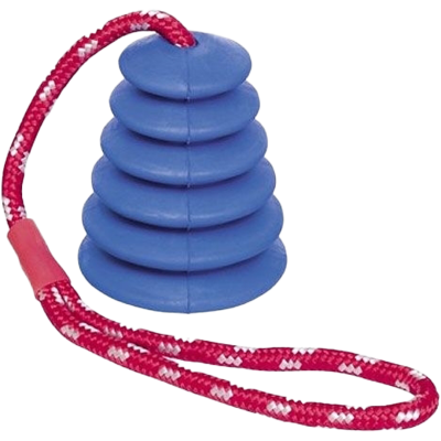 Blauer, kegelartiger Stapel aus fünf Scheiben, durchzogen von rot-weißer Kordel mit rotem Kunststoffstück am Ende