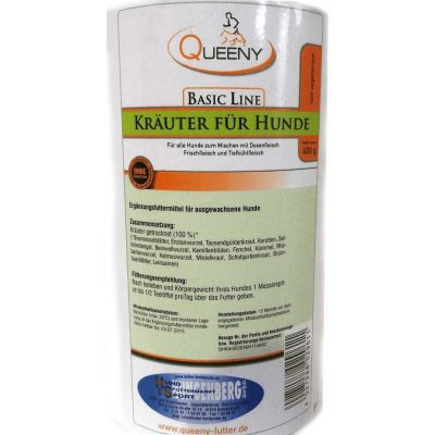 Queenys Basic Line Kräuter für Hunde 400 g Eine zylindrische Dose mit weißem Etikett und grün-orangefarbener Aufschrift „Kräuter für Hunde“ der Marke Queeny. Enthält getrocknete Kräutermischung für Hunde.