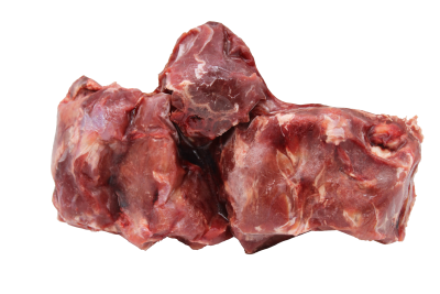 Ein Stück rohes, tiefrotes Fleisch mit sichtbaren Fettadern und Knochenanteilen. Die Oberfläche wirkt leicht gefroren und unregelmäßig strukturiert.