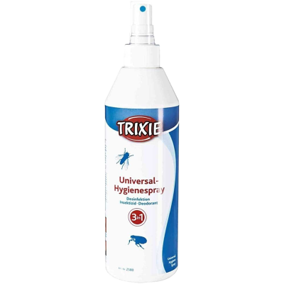 Sprühflasche mit weißem Körper und blauem Sprühkopf, Etikett in Blau- und Grautönen mit grafischen Elementen und klaren Linien.
