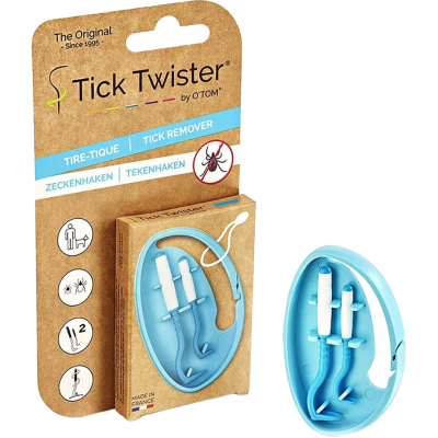Verpackung mit zwei blauen Zeckenhaken aus Kunststoff zur Entfernung von Zecken bei Mensch und Tier, inklusive Illustrationen.