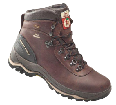 Brauner Wanderschuh mit schwarzer Sohle und Schnürung, Labels „Gore-Tex“ und „Vibram“, rotes Logo auf der Zunge.