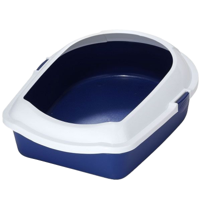 Blau-weiße Katzentoilette aus Kunststoff mit hohem Rand hinten und seitlich, vorne abgesenkt für leichten Einstieg, glatte Oberfläche.