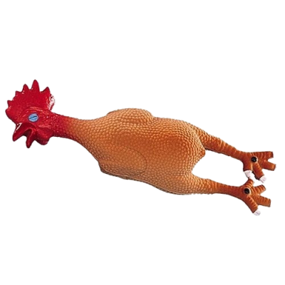 Gummihuhn mit rotem Kopf, blauen Augen und orangefarbenem Körper, liegt auf dem Rücken mit ausgestreckten Beinen.