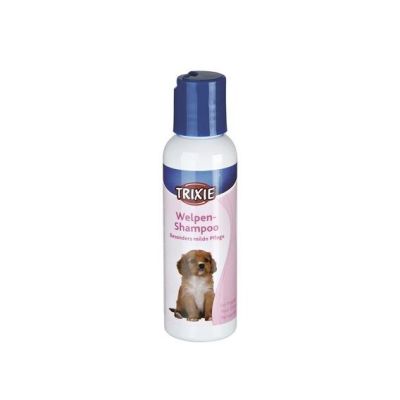 Welpen-Shampoo, 250 ml Weiße Flasche mit blauem Deckel; auf der Vorderseite ein Welpe abgebildet. Glatte Oberfläche, zylindrische Form, dezente Farbgestaltung.