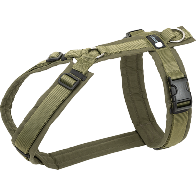 Hundegeschirr mit olivgrünen Riemen. Verstellbare Schnallen, schwarzer Kunststoffverschluss und kleines blaues Etikett an einem der Gurte.