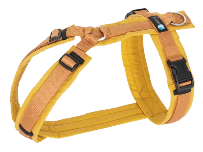 Hundegeschirr mit gepolsterten, verstellbaren Riemen, Kunststoffschnallen und Metallring, strukturierte Oberfläche, Farbe: gelb und orange.