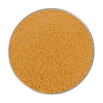 Ein kreisförmig ausgeschnittener Blick auf ein kräftig orangefarbenes Pulver mit fein-körniger, leicht klumpiger Struktur. Der Bildhintergrund ist nicht sichtbar.