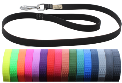 Eine Hundeleine mit Wabenstruktur und silbernem Karabinerhaken, hier in Schwarz gezeigt. Darunter sind die weiteren verfügbaren Farben von Gelb über Grün, Pink und Blau bis Grau abgebildet.