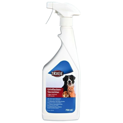 Weiße Sprühflasche mit blau-rotem Etikett, darauf grafische Darstellung von Hund und Katze sowie farbige Textblöcke und klare Linien.