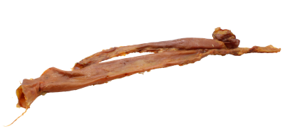 Längliches, getrocknetes Fleischstück mit verdrehter Form und faseriger, rauer Oberfläche in verschiedenen Braun- und Rottönen.