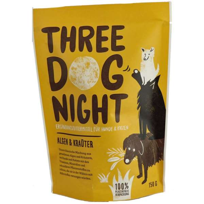 Verpackung von Three Dog Night Algen & Kräuter, Ergänzungsfutter für Hunde & Katzen, mit türkisfarbenem Design, Beschreibung natürlicher Zutaten und 150 g Inhalt.