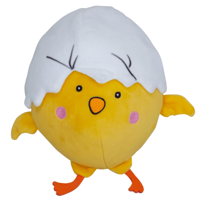 Ein rundes, gelbes Plüsch-Küken mit weißer Eierschalenkappe, gesticktem Gesicht, rosa Wangen, kleinen Flügeln und orangefarbenen Stofffüßen.