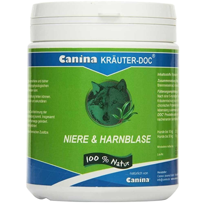 Weiße Dose mit grün-blauer Gestaltung. Aufschrift „Canina KRÄUTER-DOC NIERE & HARNBLASE – 100 % Natur“. Abbildung eines Wolfskopfs mit Kräutern.