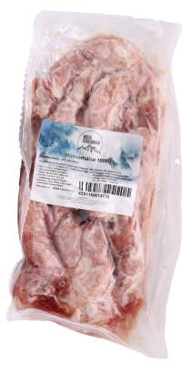 Ein transparenter Kunststoffbeutel mit der Aufschrift „Hühnerhälse“. Sichtbar sind mehrere rötliche, teils fleischige und knöcherne Hälse in länglicher Form.