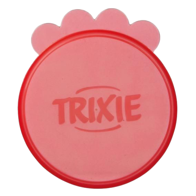  Roter, runder Dosendeckel mit laschenartiger Verlängerung in Pfotenform; glatte Oberfläche, mittig geprägter Schriftzug.