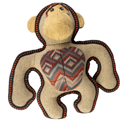 Canvas Gorilla Hundespielzeug in Affenform aus beigem Stoff mit strukturierter Oberfläche. Lange Gliedmaßen mit schwarzer und orangefarbener Naht, gemusterter Brustbereich, gesticktes Gesicht.