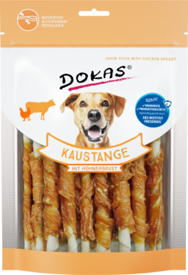 Verpackung mit gedrehten Hundekaustangen, teils sichtbar durch transparenten Bereich; vorne ein fröhlicher Hund abgebildet, Beutel mit wiederverschließbarem Verschluss.
