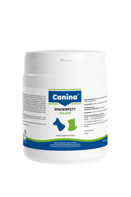 Weiße Dose mit blau-grüner Aufschrift „Canina WELPENMILCH – Für Hunde“. Text zu Anwendung, Zusammensetzung und Dosierung der Trockennährmilch für Welpen.